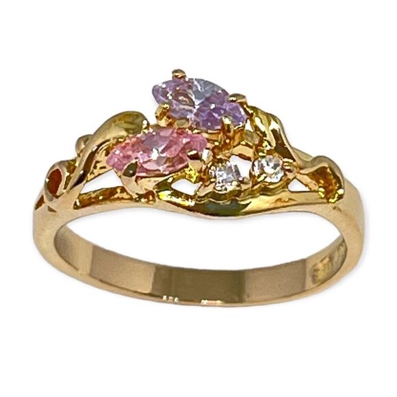 Vintage Ring Size 8 Pink Purple Clear Cubic Zirconia Gold Plate Mid-Century 14L - Picture 5 of 10